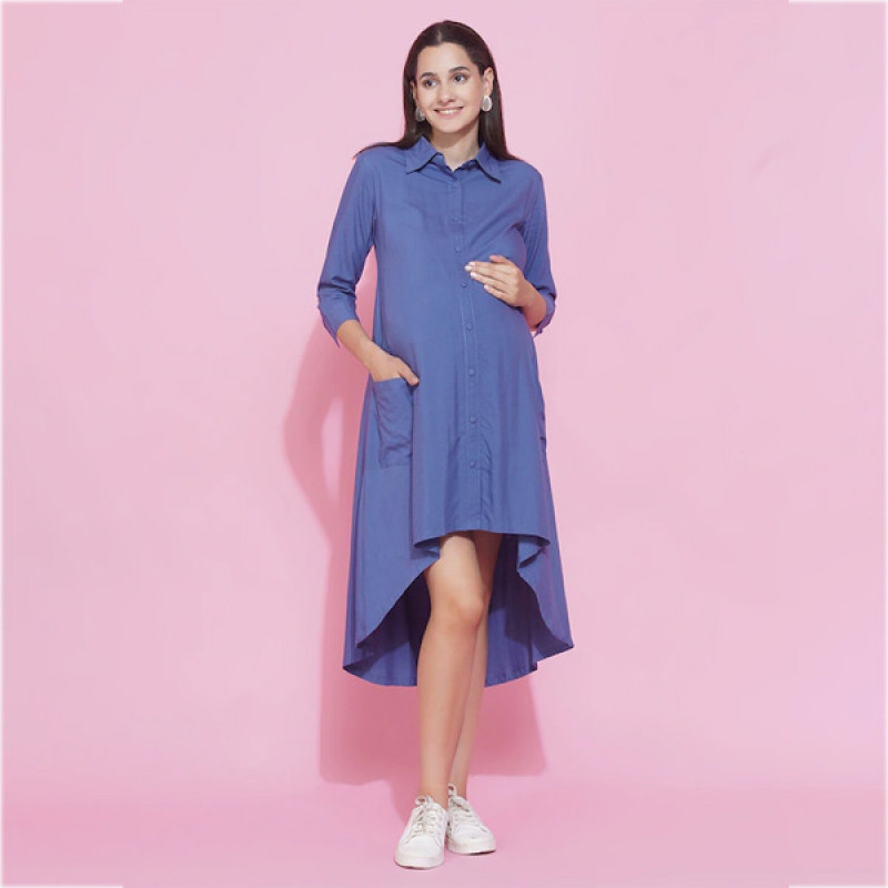 Women Blue Maternity Shirt Midi Dress