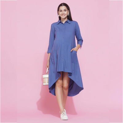 Women Blue Maternity Shirt Midi Dress