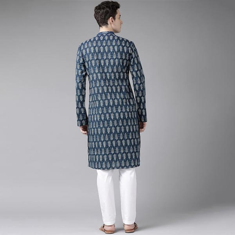 See Designs Mens Blue & Beige Printed Straight Kurta with Pyjama